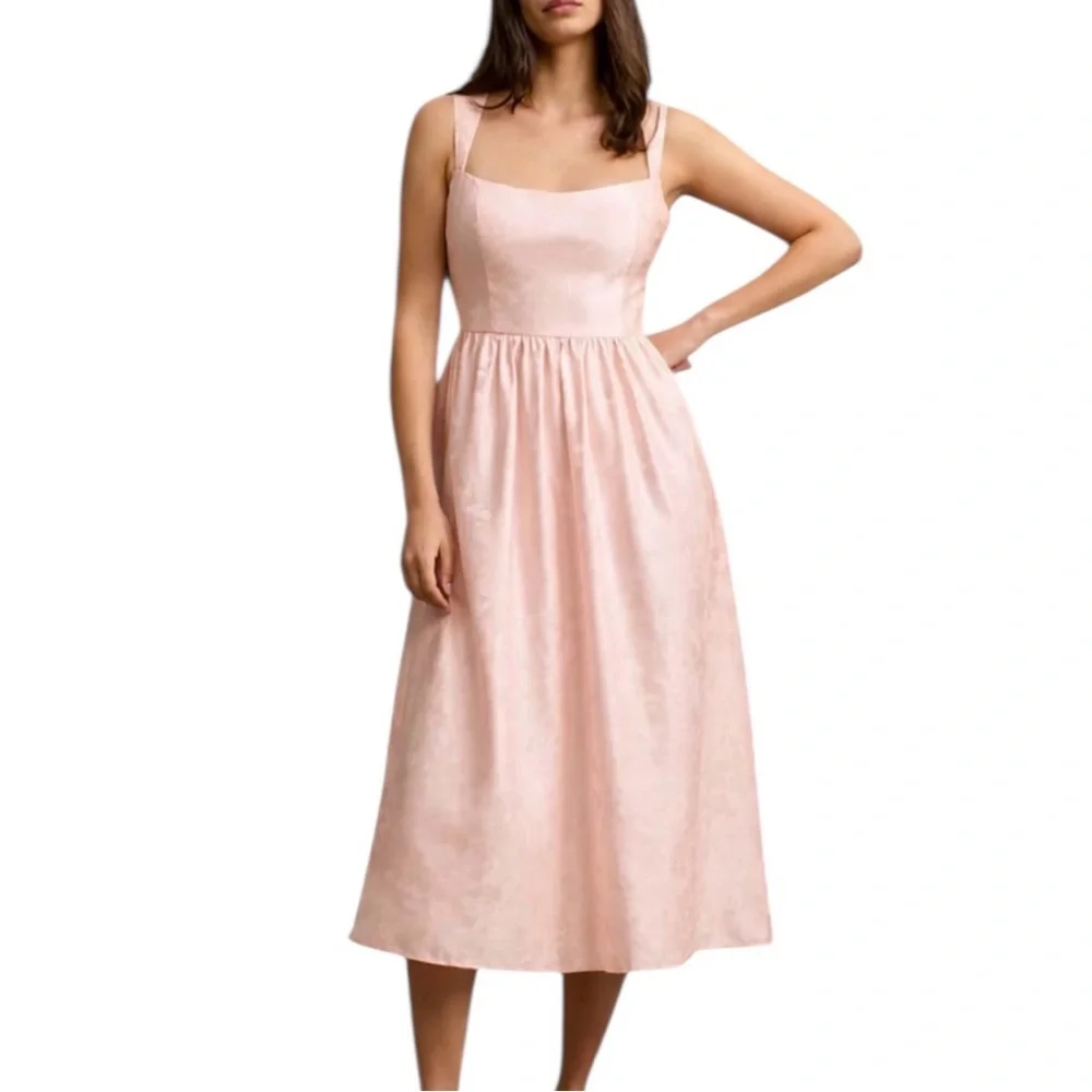 NWT BHLDN Poppy Square Neck Satin Jacquard Midi Dress Blush Pink Size 14